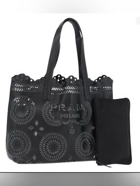 Prada Made in Italy-Black Laser-Cut Scalloped Tote with Pouch